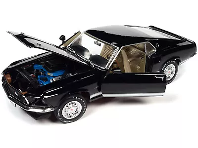 1969 Ford Mustang GT Raven Black W White Stripes Gold Interior 1/18 Diecast Car • $113.54