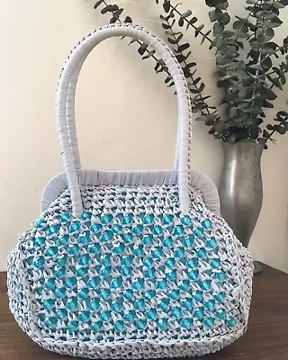 1950s 1960s Light Blue Beaded Raffia Handbag Vintage Purse Mid Century Purse • $127