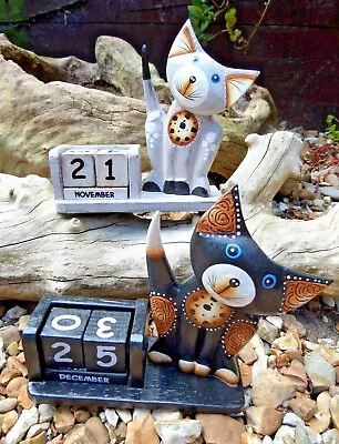 £11.99 • Buy Fair Trade Hand Carved Made Wooden Animal Cat Perpetual Blocks Desk Calendar