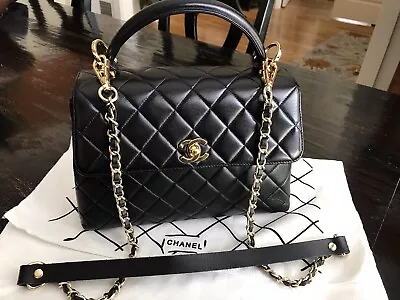 Chanel Vintage Quilted Kelly Top Handle Bag Lambskin Black Small Bag • $4350