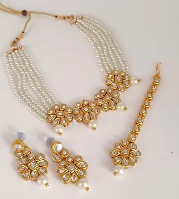 Kundan White Flower Necklace Earrings Mang Tikka Tika Jewelry Bollywood Set New • $30.68