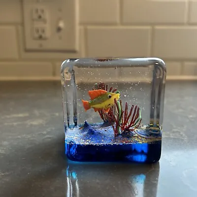 Murano Art Glass Fish Aquarium Cube Fish Paperweight 2.5  Vtg Foil STICKER • $99.99