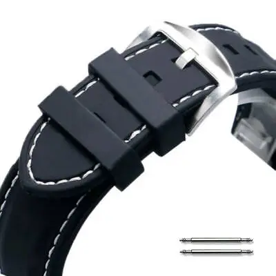 Black Rubber Silicone Replacement Watch Band Strap Buckle White Stitching #4003 • $11.95