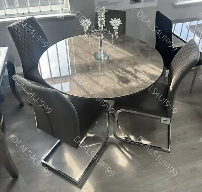 Aura Round 105cm Grey Marble Effect Dining Table Set 4 Plush Velvet Chairs NEW • £699