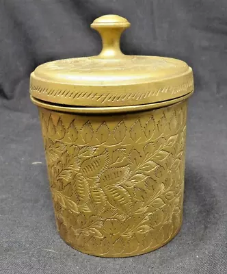 Vintage Heavy Brass Lidded Floral Etched Vanity Trinket Box Jar  4 1/4  Tall • $14.50