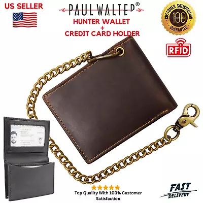 Vintage Hunter Leather Men Biker Wallet With RFID Block & Free Card Holder Combo • $22.99