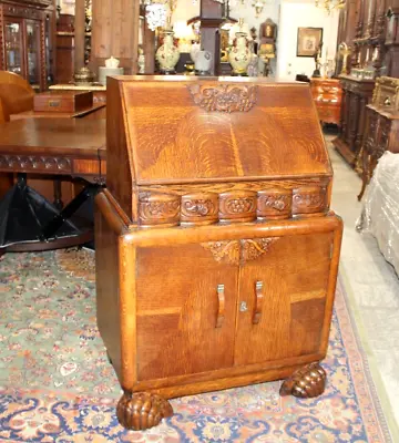 English Antique Tiger Oak Art Deco  Front Drop Desk • $2250