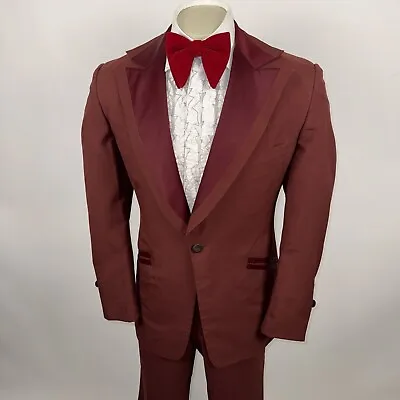 Vtg 60s 70s Tuxedo Suit 42 Long Jacket 34 31 Pants Burgundy Disco Retro Prom Mod • $199.99