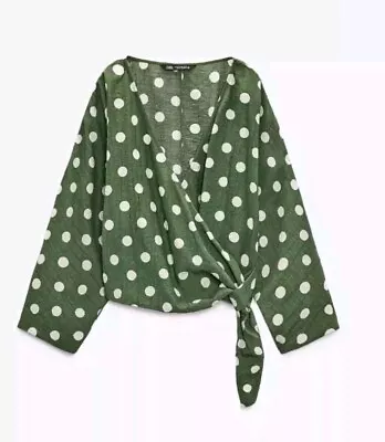 ZARA Size M (12-14) GREEN WHITE Crossover WRAP SHIRT WITH POLKA DOTS Relaxed Fit • £21.99