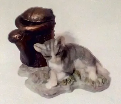 Primitive Poly Stone Striped Cat Copper Tone Watering Can Figurine Miniature  • $8