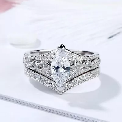 2.27 Ct Marquise Diamond Simulated Wedding Bridal Set Ring 925 Sterling Silver • $118.99