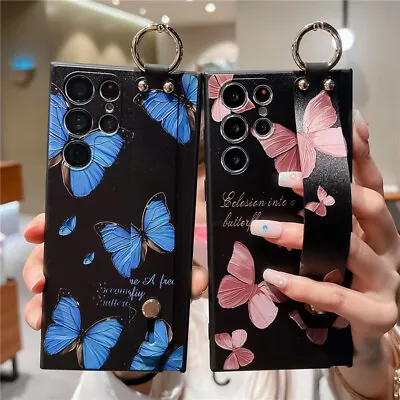 For IPhone Samsung Fashion Butterfly Wrist Strap Stand Holder Phone Case Cover • £1.20