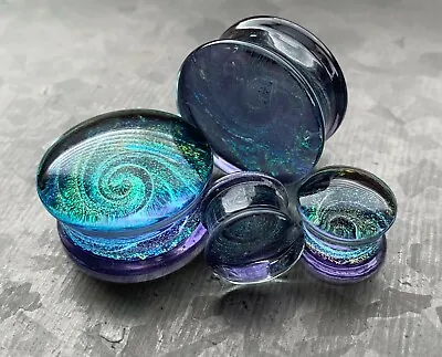 PAIR Lavender Sparkle Galaxy Swirl Design Pyrex Glass Plugs Gauges Body Jewelry  • $17.95