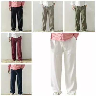 Men Cotton Linen Pants Chinese Kung Fu Drawstring Straight Trousers Casual White • $34.81