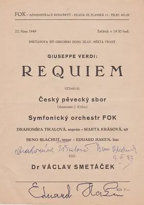 BENO BLACHUT DRAHOMIRA TIKALOVA & EDUARD HAKEN Signed Verdi Requiem Program 1949 • $50