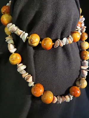 Vtg. Natural Spiny Oyster And Natural Polished Stone 31  Bead Necklace • $34.95