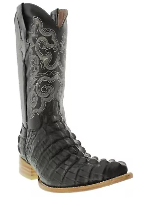 Mens Black Cowboy Boots Real Leather Pattern Crocodile Tail Western Pointed Toe • $108.99