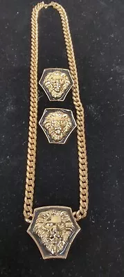 Vintage Necklace And Earrings Set Gold Lion Head Pendant  • $49.95