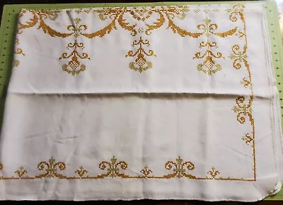 Vintage Handmade Embroidered Cross Stitch Tablecloth 48 X66  Rectangle Tan Cream • $33.75