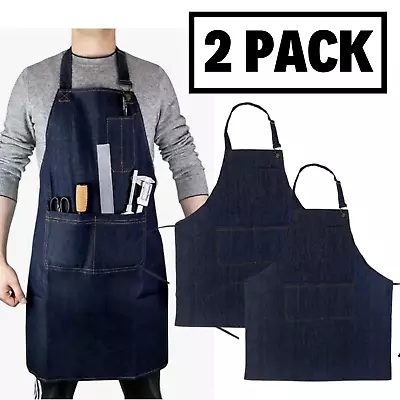 2 PACK WORK APRON Denim Heavy Duty Shop Working Cooking With 3 Pockets Men Women • $17.99