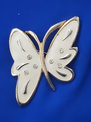 Vintage Gold Tone Butterfly Brooch White Stones • $4.75