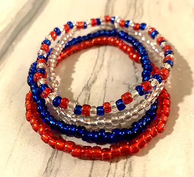 4th Of July Patriotic Glass Seed Bead Stretch Bracelet Set Of 4 Red White & Blue • $9.79