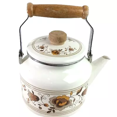 £9.66 • Buy Vintage Enamel Metal Floral Teapot With Wooden Knob & Handle From 1986