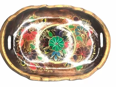 Mexican BATEA WOOD Serving TRAY - Platter Carved Folk Art ~ Hand Painted FLORAL • $9.25