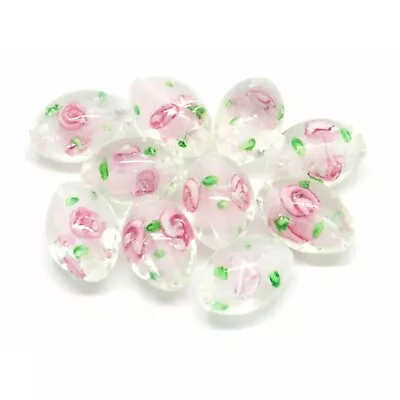 10 Lampwork Pink Flower Oval Glass Beads 14mm X 10mm J15157XD • £6.79