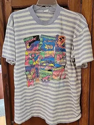 True Vintage 80s 90s Hawaii Beach Ocean Striped Tourist T Shirt One Sz L XL USA  • $24