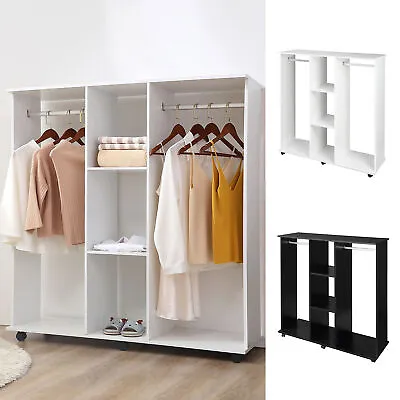 Mobile Open Wardrobe Storage Shelves W/6 Wheels Clothes Hanging Rail • £84.99