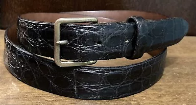 VTG Genuine Crocodile Black Leather Belt Sz 36 1”Wide Brass Buckle Made In USA • $24