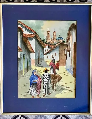 Vintage Framed Taxco Mexico Street Scene Painting Watercolor & Ink Signed 15  • $64.35