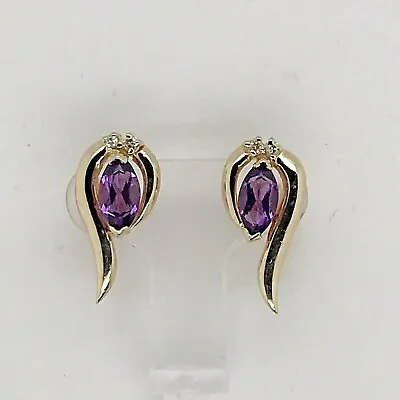 14k Yellow Gold 1.1 Ct Tw Marquise Amethyst & Diamond Acc. Stud Earrings. 2.2 Gr • $165