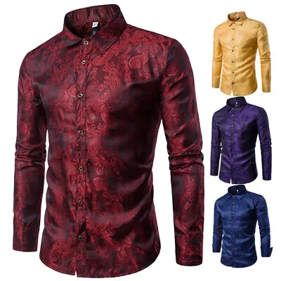 Mens Print Shirt Long Sleeves Button Tops For Nightclub 70S Disco Party • £23.66