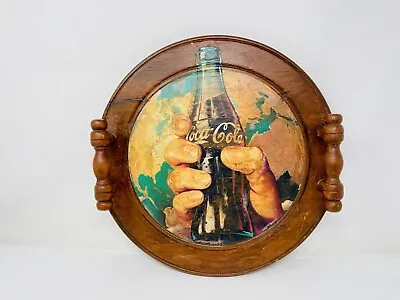 Vintage Coca Cola Wooden Round Serving Tray W Handle Coke Bottle Around World • $26.72