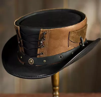 Top Hat Leather Brown & Black  Steampunk Top Hat Corset Style Gothic Style Hat • $36.99