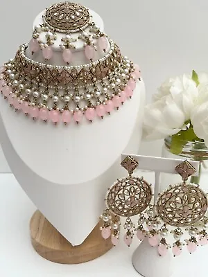 New Indian Bollywood Jewelry  Set Polki Choker Earrings Baby Pink/Gold • $31.08