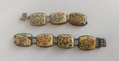 Vintage Hand Painted Enamel(?) Silver Hinged Story Panel Bracelet- Birds Flowers • $39.99