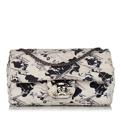 Authenticated Chanel Airplane Single Flap White Canvas Fabric Shoulder Bag • $1697.09