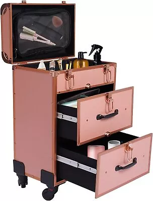 3 In 1 Rolling Makeup Train Case Salon Barber Case Traveling Cart Trunk Pink • $126.49