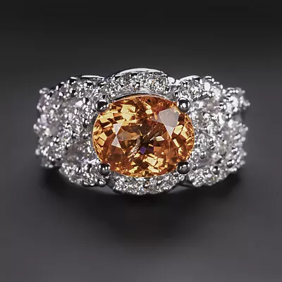 MANDARIN GARNET DIAMOND COCKTAIL RING 18k WHITE GOLD STATEMENT WIDE ORANGE BIG • $1755