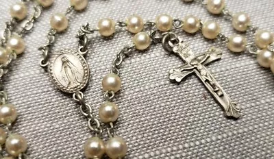 Vintage Rosary Pearl Color White Beads Christian H78 • $25.99
