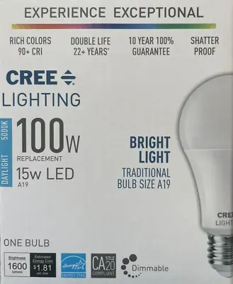 CREE 100-Watt Daylight Bright A19 LED Light Bulb - Dimmable - 1600 Lumens • $12.99