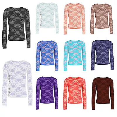 New Ladies Long Sleeve Sheer Floral Lace Womens Top T-Shirt Sizes 8-26 • £4.49