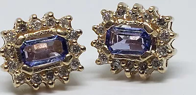 14k Yellow Gold 5x3mm Emerald Cut Tanzanite 28 Diamond .33ct Halo Stud Earrings • $199.99