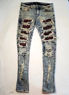 Focus Jeans Men's Denim Red Rhinestones Ripped Destroyed Distressed Sz 30W 32L • $49.97