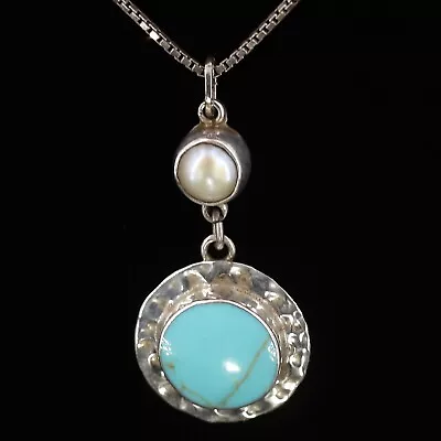 VTG Sterling Silver MEXICO Turquoise & Freshwater Pearl Pendant 18  Necklace 6g • $3.25