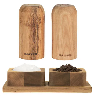 Salter Toronto Salt & Pepper Set Shakers Pinch Pots Wooden Salt Pig Dispensers • £14.99