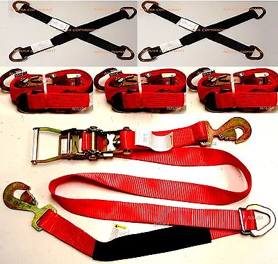 4x Sets Axle Straps Car Hauler Trailer Auto Tie Down Ratchet Tow QUALITY Kit RED • $65.88